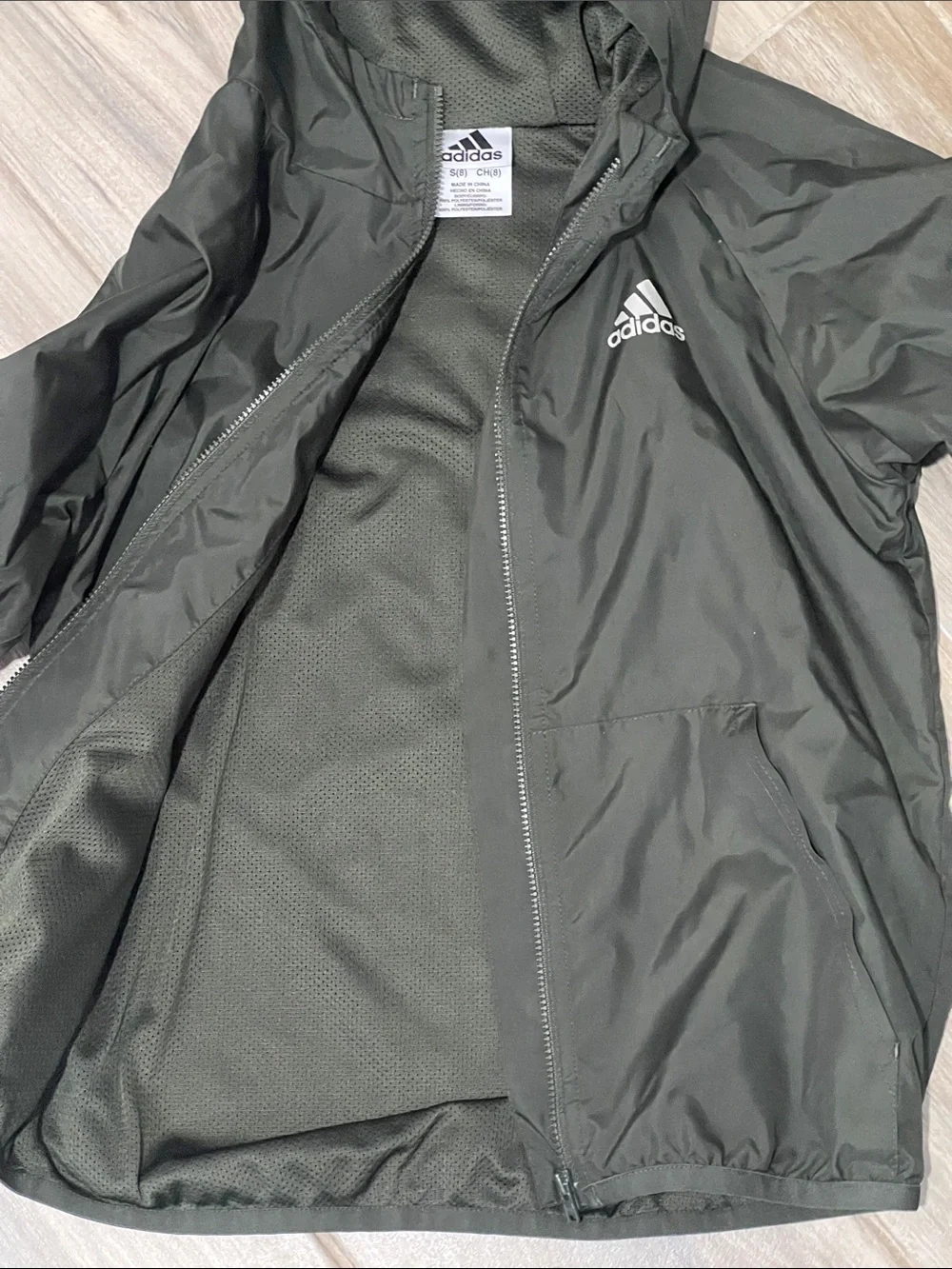 adidas Kids Army green Hooded Windbreaker with Gray Iridescent Stripe Accents